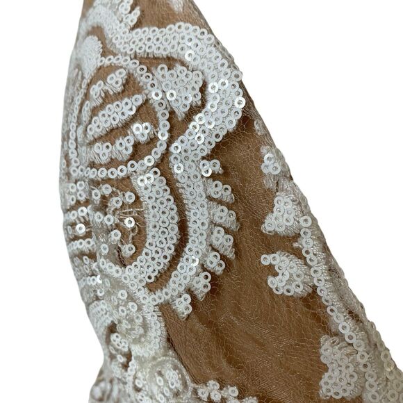 Free People Shimmering Sequin Mini Tank Dress Embroidery Lace Overlay Ivory Sz 8 - Picture 9 of 12